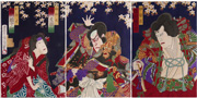Ichikawa Danjūrō IX as Iruka and Omiwa and Ichikawa Sadanji as Fukashichi in the play Imoseyama Onna Teikin (The Teachings for Women)
